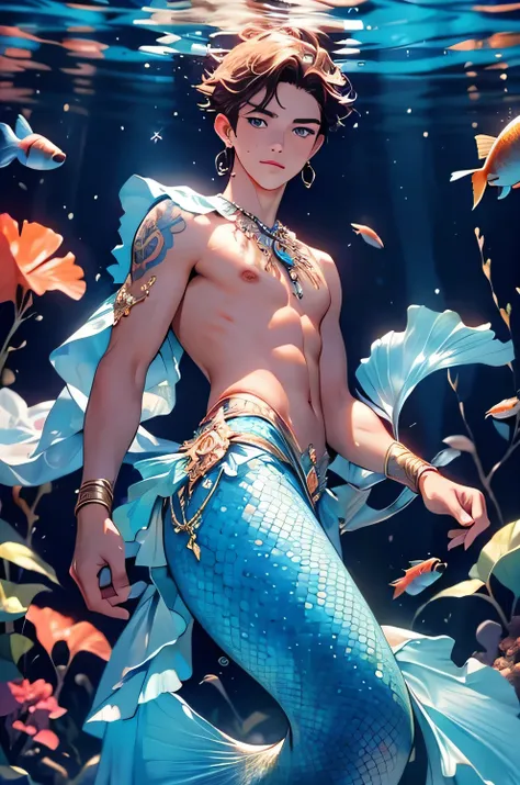 (mater pice, highres, ultra detailed) a 17-year-old male merman with an oval, slightly slender face, cheeks, tanned skin, brown ...