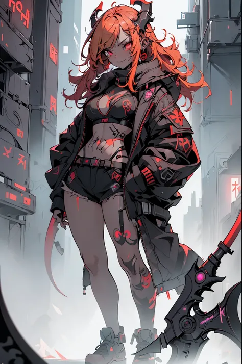 1girl, rebecca (cyberpunk), ((full body)),(( a huge scythe, the size of half of the screen )),solo, blonde braid hair, glowing red eyes,laugh fearlessly, leg tattoo, neck tattoo,  large chest, black bra, thong, red pupils, skin fang, red eyes, black jacket...