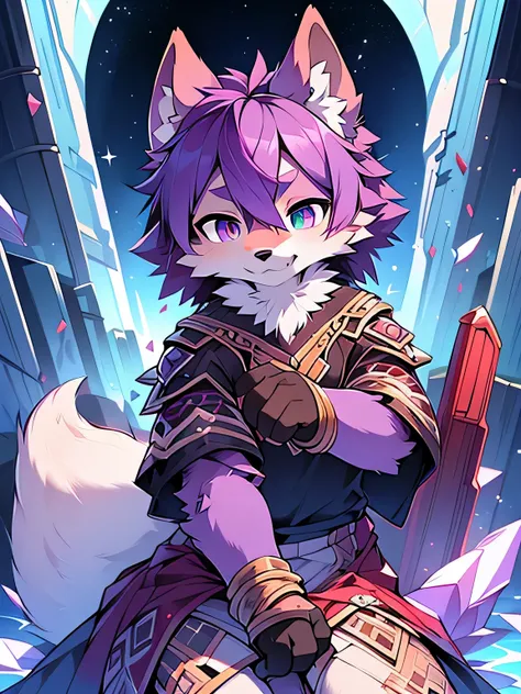 Rystal, Star Fox, Male,Dark purple hair， (A detailed), fluffly, Solo, Meticulous and realistic, detailed eyes, ( Amethyst pupils), ((Blood-colored eyes)), Excellent quality, high detal, Detailed fur, ((The tail is in the right place) ，On amethyst