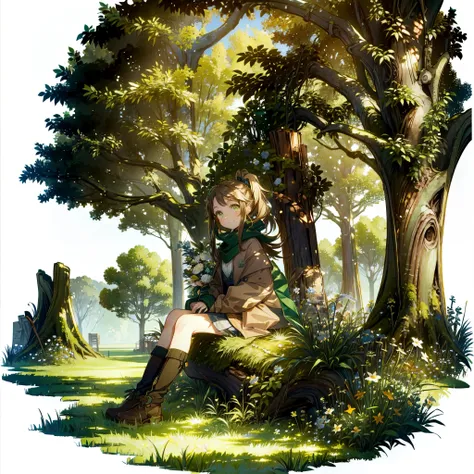 a girl，（Brown ponytail），green eyes，Dark green windbreaker，Smile，grass underfoot，flowers，Background forest，（scarf，[White background 1::5]，sitting on a tree stump，Bright little flowers under your feet，cute，Sunlight，Bouquet in hand