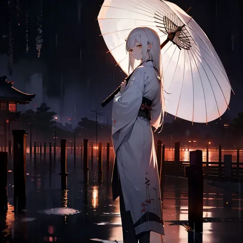 best quality, female, samurai, sad, carry a sword, wear a Japanese umbrella, shedding tears, standing, looking back, semi long white hair, silver eyes, sanpaku, pale skin, tall, japanese clothes, 20-year-old, japanese, Sad Scene, at night, outside, with ra...