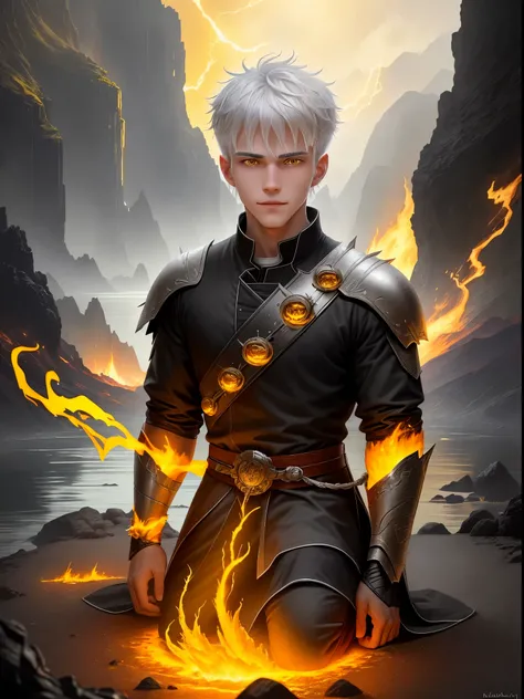 Photo of a guy with white hair and yellow eyes, High detail, Clarity, 8 cc, young guy, 18 years, light gray hair, short haircut, Yellow eyes, grin, fire crown, lava is everywhere, A huge cave, guy kneeling near the lake, realism, fantasy,