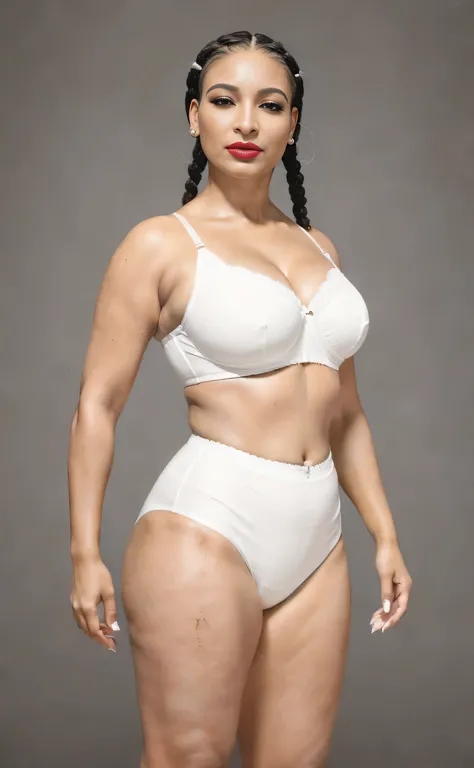 ((masterpiece, best quality)), ((37 year old)), (((Curvy))), (((Latina with black braids)), in white bra, ((white cotton panties)), red lipstick, Standing in front of a grey screen, (((photo realistic)))