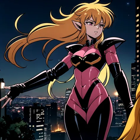 1gilr ,solo,iczer1,yellow long hair,ringlets,pointy ears,red eyes,pink body suit,black armor,black gauntlets,flying,city,night t...