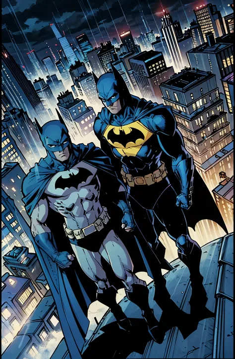 illustration, absurdres, masterpiece, 2boy, jim lee ,batman and robin, standing, night, city, male focus,serious, on roof,cape,black armor, serious, cowboy shot, heavy downpour, floating cape,90s cartoons ,marvel comic,The background is New York City,Profe...