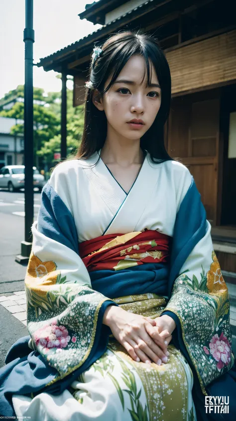 photography in the style of detailed hyperrealism,cinematic composition,sky,dof,perfectly focused, Peter Doig,Nan Goldin,fantasy, creature in a kimono sits in the middle of the street,Tokyo,close up, hyper detailed,intricate,poster,artstation,