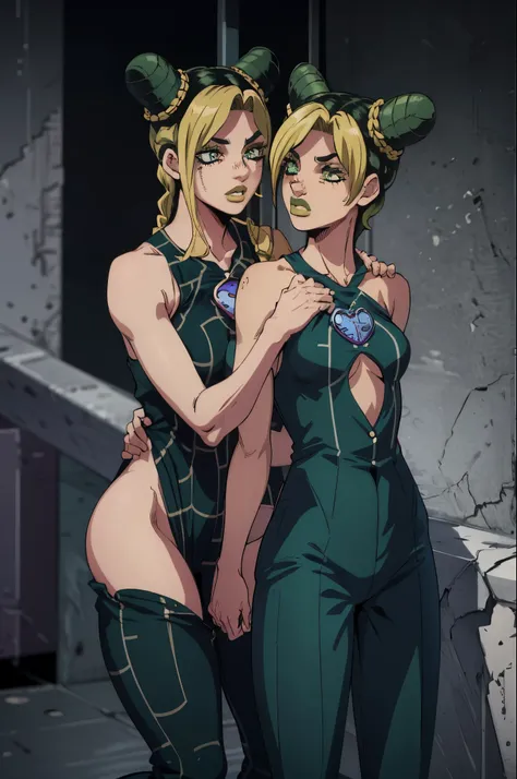 jolyne, green eyes, lips,  halterneck, pants,, short hair, bare arms, sleeveless
masterpiece, best quality, absurdres, prison,