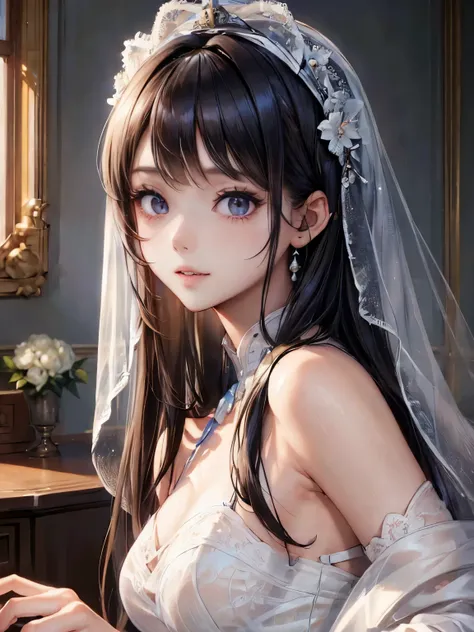 ((highest quality、Masseter muscle part:1.3))、超A high resolution、(best illustration)、1 female、beautiful girl:1.3、3/5 shots、black haired、glowing skin、light smile、close your mouth、big breasts、Off-shoulder see-through white long dress、highly detailed face、deta...