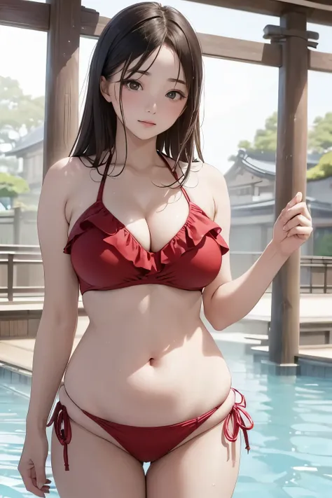 (((masterpiece))),(((High resolution)))、(((8K)))、(((perfect face)))、(((beauty of japan)))、20 years old、(((beautiful face))), (((swimsuit))), Plump, embarrassed look, look at the camera, (thighs)、top quality eyes, detailed texture, look at the camera, stand...