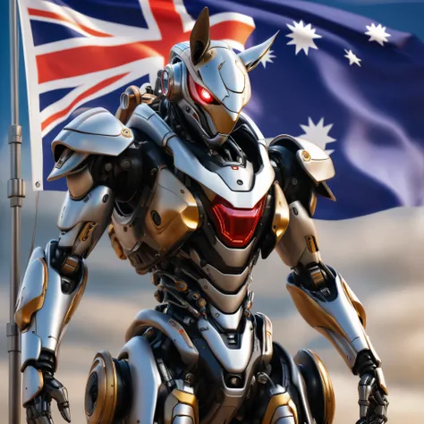 an ultra detailed, hiper realism, digital art, of a mecha kangaroo, black eyes, with in an elegant Australia flag colors in your cyborg armor with mechanic parts and cyborg helmet , sci-fi armor, super detailed armor, carbon textures, ghost in the shell, d...