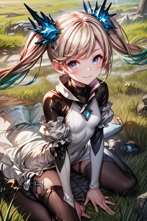 ioeuclase, hair ornament, white dress, black thighhighs, detached sleeves, wariza,grass,sky,smile, intricate eyes,beautiful detailed eyes,symmetrical eyes,big eyes:1.5, skinbodysuit, bodysuit.