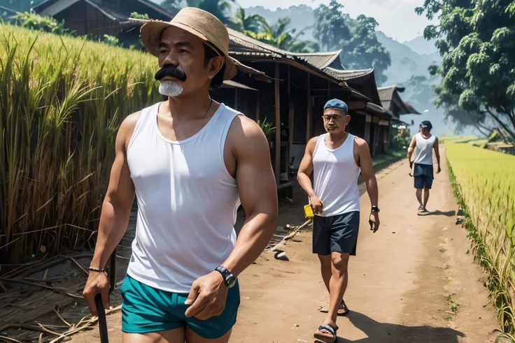 Indonesian middle-aged man, mustache, wearing sleeveless t-shirt, tight shorts, walking in the rice fields, carrying a hoe