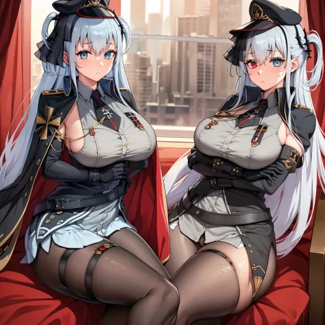 A woman wearing a black military dress, with gold details, a gray military hat with gold details, one blue eye and one red eye, silver hair, wearing a long cape, details on the dress with an iron cross, large breasts, in a futuristic room with a large wind...