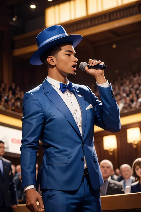 A man from the game Ghir Fire, wearing a blue suit and a hat behind him, is singing