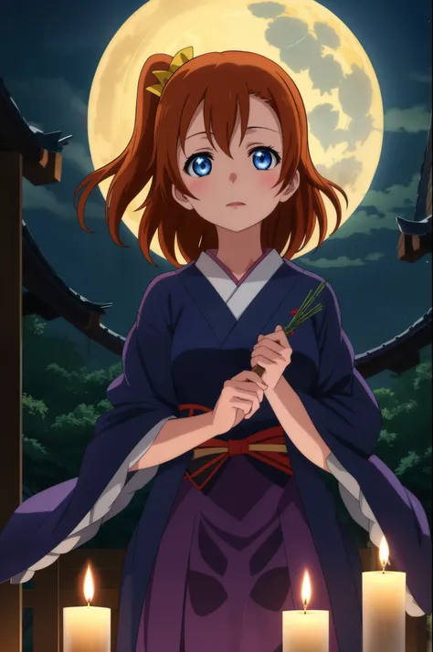 Kousaka honoka, blue eyes, upper body, Witching Hour Ritual: An image of a witch silhouette against a full moon, surrounded by magical symbols, herbs, and glowing candles, invoking an air of mystical energy.