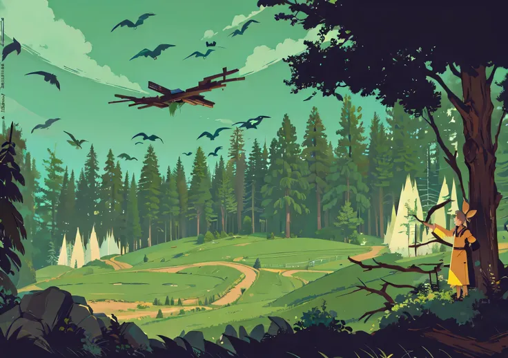 There is a man standing in the woods，With a bow in his hand, background art, painted as a game concept art, concept art for a video game, forest punk background, scenery game concept art, Environmental concept, background artwork, game concept, 2D game art...