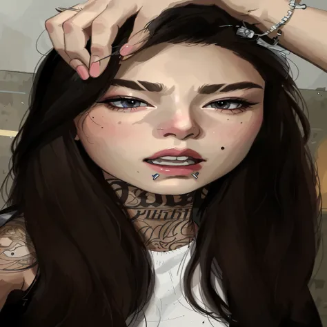 A closeup of a woman with a tattoo on her neck, retrato realista kawaii, inspirado em Kim Deuk-sin, [ arte digital 4k ]!!, pintura digital rossdraws, estilo de arte realista, obras de arte no estilo de guweiz, realism art style, inspirado em Gang Se-hwang,...