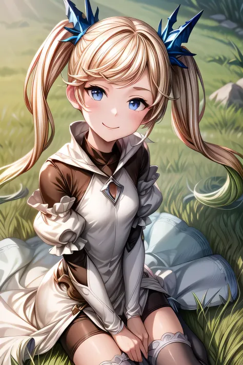 ioeuclase, hair ornament, white dress, black thighhighs, detached sleeves, sitting wariza,grass,sky,smile,