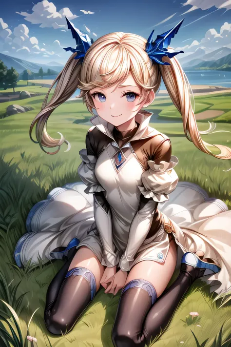 ioeuclase, hair ornament, white dress, black thighhighs, detached sleeves, sitting wariza,grass,sky,smile,
