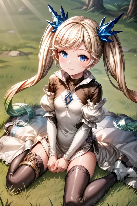 ioeuclase, hair ornament, white dress, black thighhighs, detached sleeves, sitting wariza,grass,sky,smile,