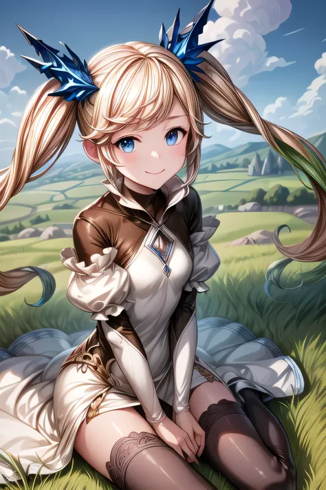 ioeuclase, hair ornament, white dress, black thighhighs, detached sleeves, sitting wariza,grass,sky,smile,