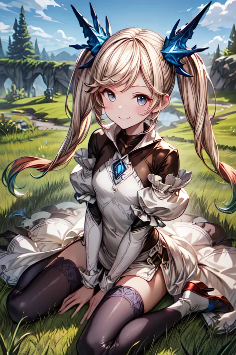 ioeuclase, hair ornament, white dress, black thighhighs, detached sleeves, sitting wariza,grass,sky,smile,