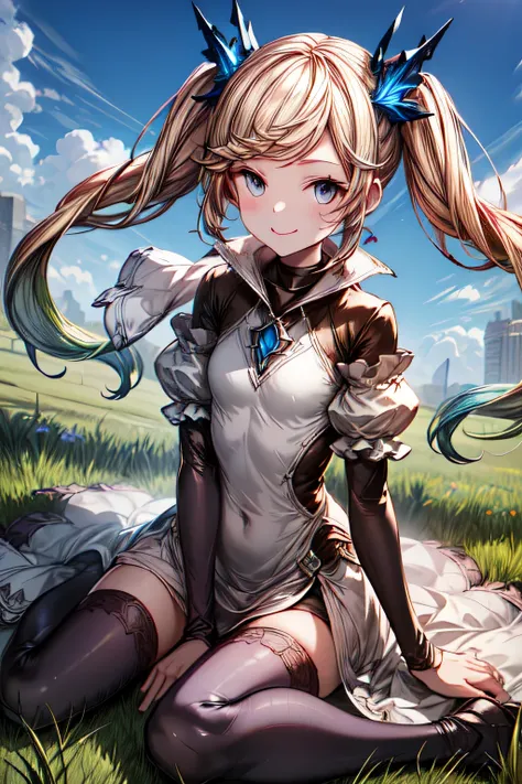 ioeuclase, hair ornament, white dress, black thighhighs, detached sleeves, sitting wariza,grass,sky,smile,