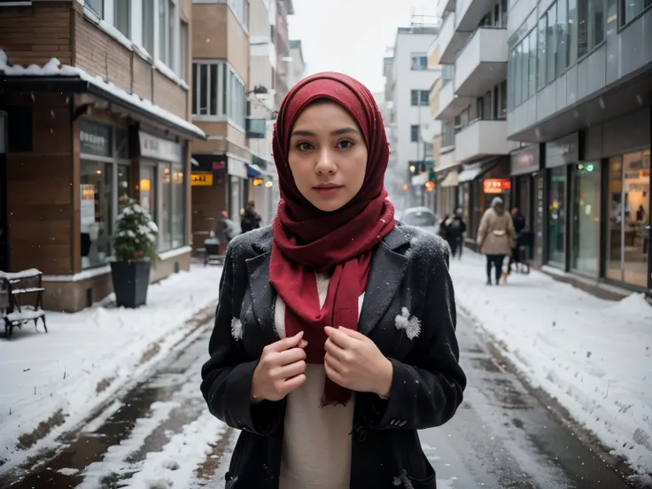 professional portrait photograph of a gorgeous Indonesian girl in red winter clothing with hijab, sultry flirty look, gorgeous symmetrical face, cute natural makeup, wearing elegant warm winter fashion clothing, ((standing outside in snowy city street)), s...