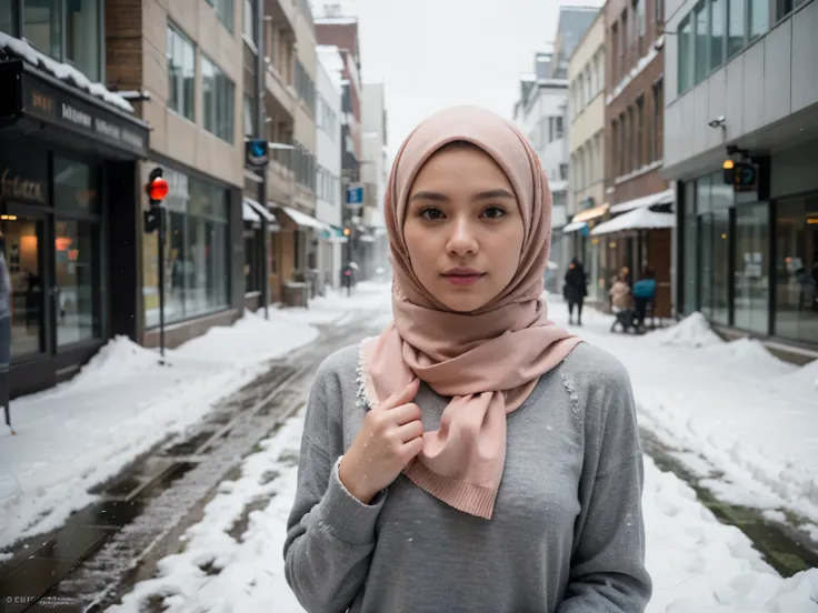 professional portrait photograph of a gorgeous indonesian girl in red winter clothing with hijab, sultry flirty look, gorgeous s...