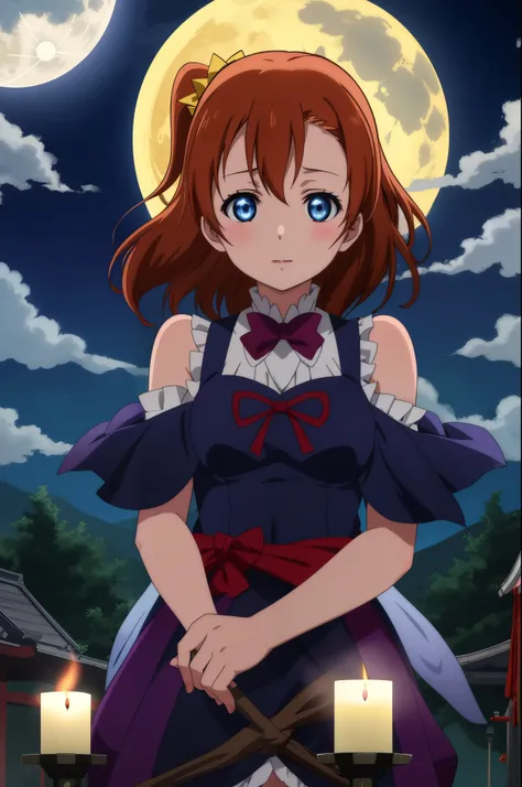 Kousaka honoka, blue eyes, upper body, Witching Hour Ritual: An image of a witch silhouette against a full moon, surrounded by magical symbols, herbs, and glowing candles, invoking an air of mystical energy.