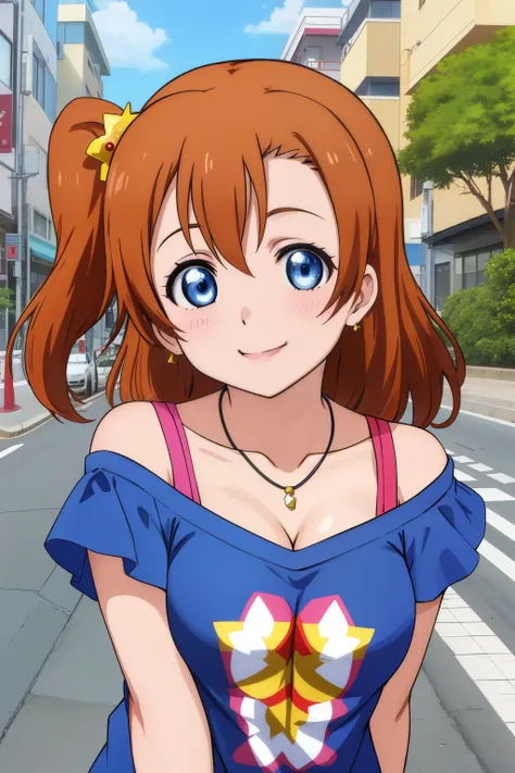 upper body, kousaka honoka, blue eyes,off shoulder t-shirt, necklace,in street , smile , hair ornaments, cleavage