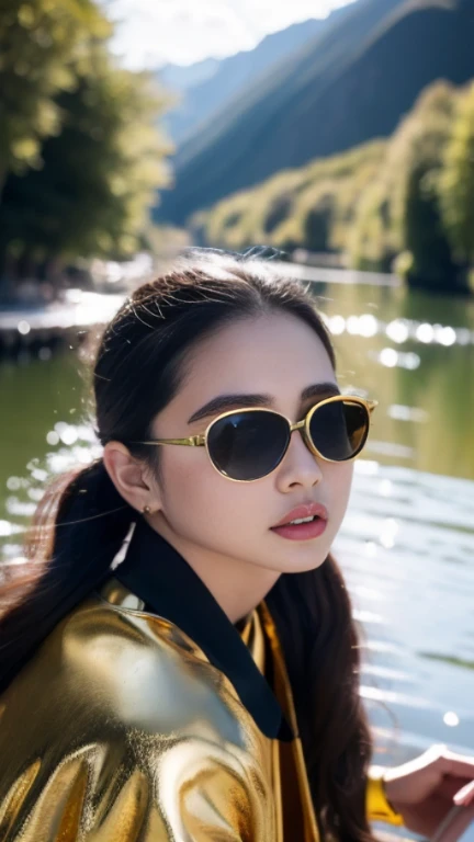 Wear thick gold-framed sunglasses，32K（tmasterpiece，k hd，hyper HD，32K）Burgundy double ponytail，Silver Skull Abandoned Area of the Pond，Indigo Skull King ，Hold the big G steering wheel （The skeleton is realistic：1.4），Skull pattern robe，Silver skull flower or...