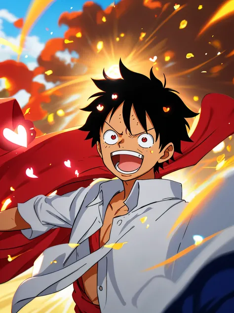 a boy black hair, upper body, (huge Laughing:1.1), (open mouth:1.1), (wide open eyes:1.2), sun glare, bokeh, depth of field, blurry background, light particles, strong wind, (heart particles:1.1), 4k, monkey d Luffy, onepiece, 