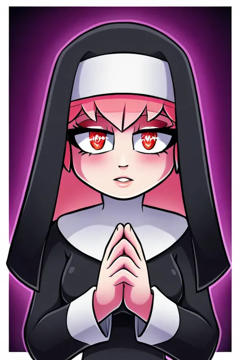 A tall woman pink hair long soft her red eyes circular pupils she dresses black nun and her skirt black nun hand praying
