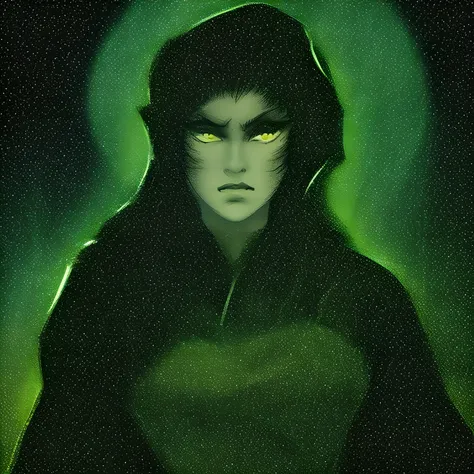 solo, 1girl, green eyes, black hair, looking at viewer, animification, portrait, hood up, glowing eyes, rain, glowing, hood, clo...