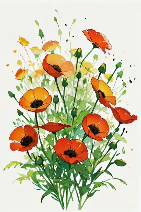 Watercolor painting of poppy flowers isolated on white background, watercolor painting, splatter technique to reproduce wet conditions, blurred atmosphere, unique composition, abstract representation, contains elements of surrealism, pale tones, combinatio...