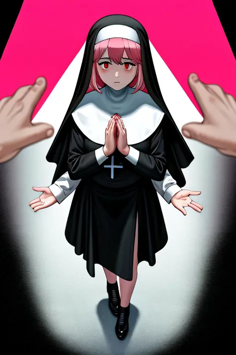  A tall woman pink hair long soft her red eyes circular pupils she dresses black nun and her skirt black nun hand praying 