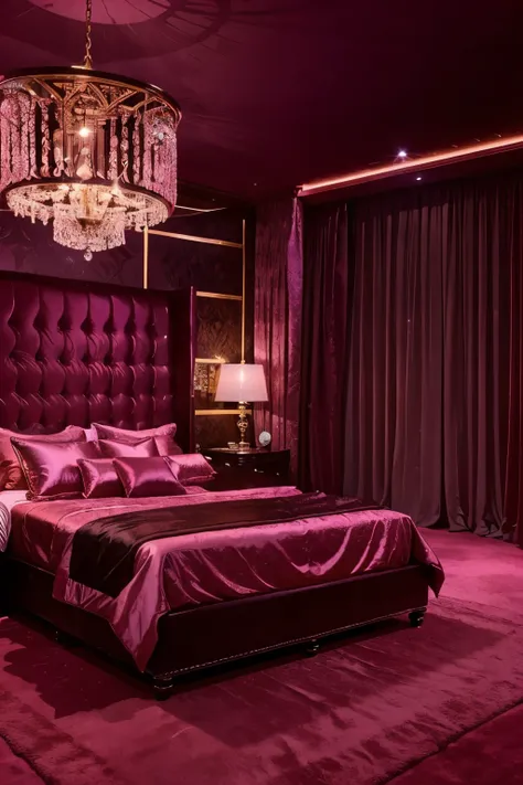 A huge expensive luxury brothel with a bar, extravagant furniture, stripper stages, large beds with pink silk bedding, a mood lighting.