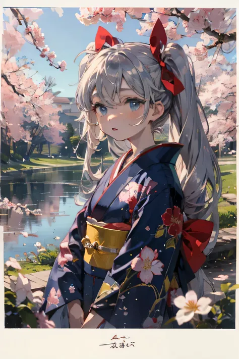 best quality, masterpiece,ultra high res,detailed, one girl, body,kimono,thinking,frizzy hair,twin tail,long hair,silver hair,pale blue eyes,double eyelid,big ribbon,round face,cherry blossoms,magnificaiant view,

