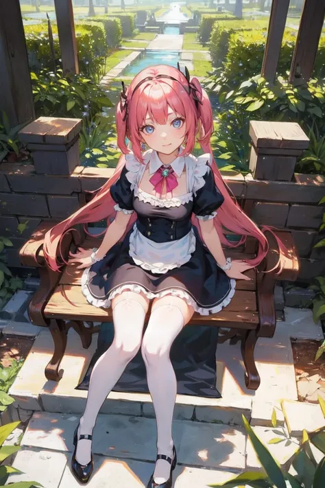 masterpiece，best qualtiy,Fine beautiful eye，ph_REM，1girll，Pink hair，solo，eBlue eyes，x hair accessories，legs ornaments，Bow knot，long socks，lacepantyhose，Lolita heels，Lolita shoes，Maid uniform，full bodyesbian，Two hands，Two legs，Photo art，maidennurse，Skysky，r...