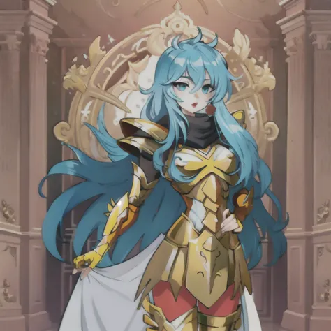 obra maestra, Mejor calidad, obra maestra, cara detallada, ojos detallados, cuerpo completo, 1 chica, pelo azul, pelo largo, blue hair, long hair, red lips, armadura de bikini femenina, gold armour,gemas aguamarina, rosa en la boca, templo griego, rosas en...