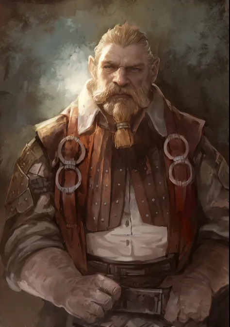 There&#39;s a man with a beard and a leather vest., portrait of a dwarf warrior, role playing portrait concept art, painted portrait of rugged odin, fantasy character portrait, baldurs gate character portrait, detailed character portrait, portrait of a dnd...