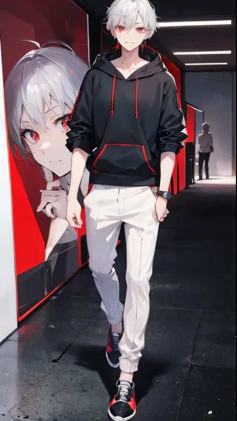 High resolution, 2D anime style,,cool men,red eyes,short hair,silver hair,Fashion wearing a hoodie,Beautiful watch,beautiful earrings,he is smiling a little,he is walking.