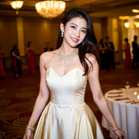 Best-quality, Masterpiece, Ultra-High-Resolution, (Photorealistic:1.4), Raw-Photo, 1girl, the most famous Japanese actress, at large banquet-hall in luxury hotel, having a lot of fun at big-party, wearing extremely gorgeous evening-dress, extremely beautif...