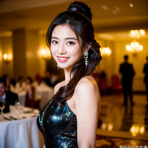 Best-quality, Masterpiece, Ultra-High-Resolution, (Photorealistic:1.4), Raw-Photo, 1girl, the most famous Japanese actress, at large banquet-hall in luxury hotel, having a lot of fun at big-party, wearing extremely gorgeous evening-dress, extremely beautif...