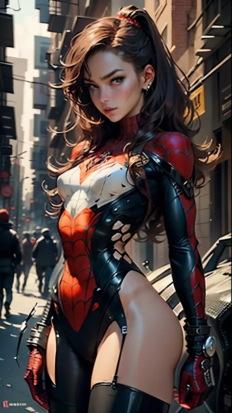 Beautiful woman detailed defined body using spider man cosplay, small breasts