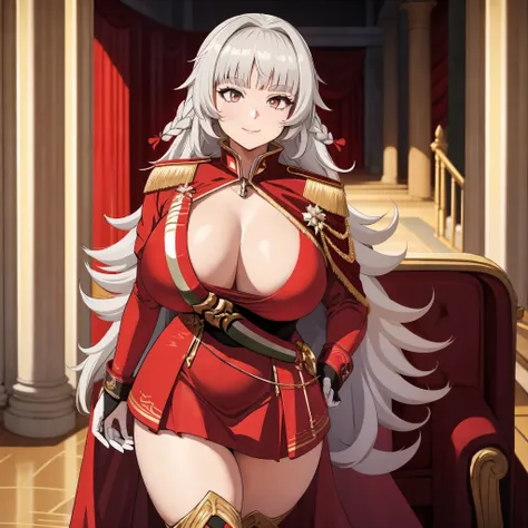 a woman wearing a red sex dress, wearing a red cape with gold details, silver hair, silver eyes, smiling, big breasts, in a larg...