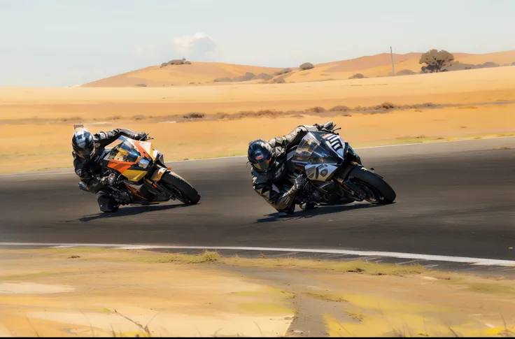 there are two people riding motorcycles on a race track, race, on a racetrack, wide shot!!!!!!, sf, racing, kelogsloops and greg rutkowski, on a street race track, at racer track, center straight composition, panning shot, badass composition, california;, ...