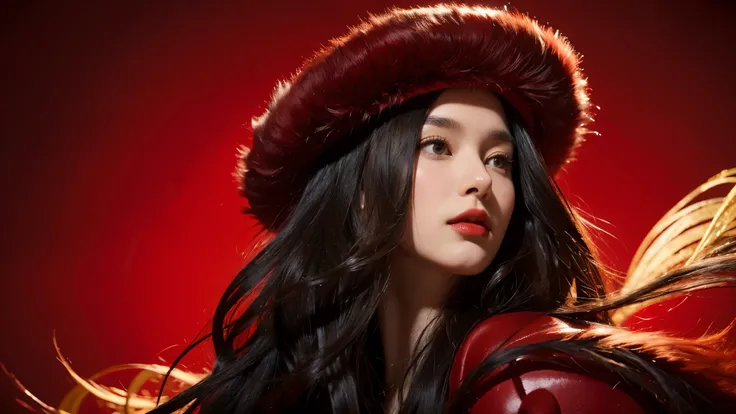 masterpiece, best quality, 1girl, red background, black hair, Long curly hair, face front, ((red fashion silk lone costume with red swirling vortexes pattern)), ((Red Plush Fur Hat)), emotional face, (close up portrait), make up, studio light, studio