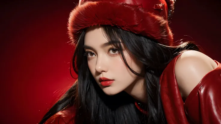 masterpiece, best quality, 1girl, red background, black hair, Long curly hair, face front, ((red fashion silk lone costume with red swirling vortexes pattern)), ((Red Plush Fur Hat)), emotional face, (close up portrait), make up, studio light, studio